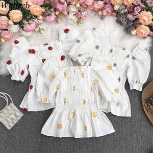 Fashion Blouses Women Summer Pleated Blusas Sweet Embroidery Crop Tops Off Shoulder Short-sleeve Loose White Shirts 210519