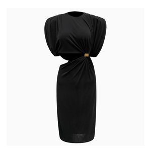 Boyun çizgisi vintage metal toka ve kapalı omuz ile siyah kadın elbisesi 210510
