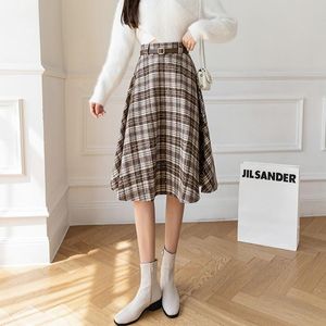 Spódnice Damskie kolano Długość A-Line Arrival 2021 Jesień Koreański Styl Vintage Plaid Woolen Women High Waist Casual Spódnica W797