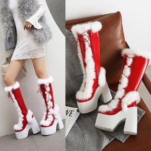 Laarzen US4 Womens Echt bont harige platform knie sneeuw dijblok chunky hoge cm hak schoenen lolita wit plus size