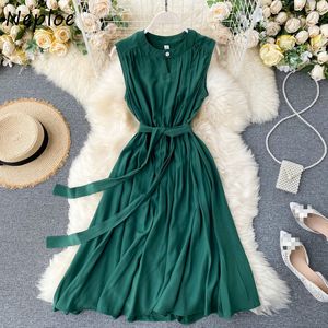 Neploe mulher vestido verão agora roupão oco out o-pescoço escritório senhora mulheres vestidos sólidos faixas sem mangas tanque vestidos 95260 210422