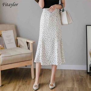 Fitaylor Mulheres Chiffon Polka Dot Médio Sereia Saia Casual Primavera Verão Feminino Cintura alta Black Branco Saias 210621