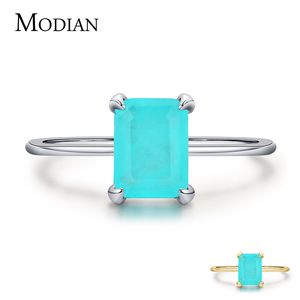 Modian Authentic 925 Sterling Silver Wedding Rings Classico Rettangolo Tourmaline Paraiba Anello da dito femminile per le donne Charm Fine Jewelry Anillo