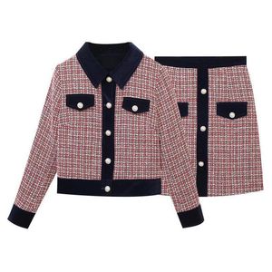 Kobiety Czerwona Plaid Tweed Turn Down Collar Pocket Single-Breasted Płaszcz Imperium Mini Spódnica Eleganckie 2 sztuki Zestaw T0318 210514