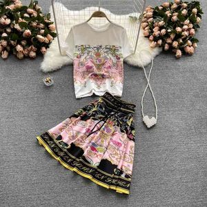 Plus Size Suit Women's Summer Dress Short Sleeve T-shirt Women's Design Sense Minority Print Skirt Two Sets 210515