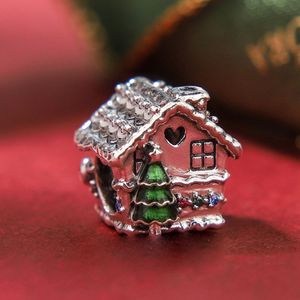 100% 925 Sterling Silver Metal Gingerbread House Natal Vermelho Esmalte Charme Bead Fits Europeu Pandora Jóias Charm Bracelets