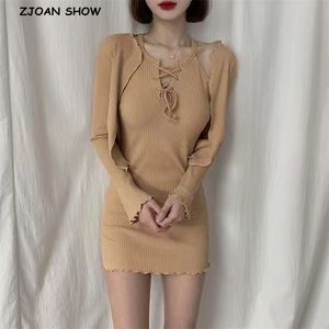 Jesień Retro Retro Paski Linia Drewniane Uszy Scarget Korea Styl Cross Sznurowanie Up Bandaż Mini Krótki Sling Dress 1 Zestaw 2 sztuk 210429