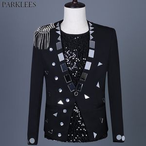 Mens Single Button Black Rivets Blazers Jacket Coats Punk Style Bar DJ Kläder Män Sångare Stage Slitage Rock and Roll Kostymer 210522