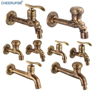 Bathroom Sink Faucets Antique Wash Machine Faucet Mop Spool Brass Tap Wall Mount Outdoor Garden WC Luxury Retro Dragon Carved Bibcock