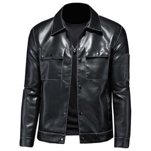 Осень мужской отворотный мульти-карманный кожаный модный мотоцикл кожаная куртка пальто британский простая молния стройная повседневная мужская одежда 211009