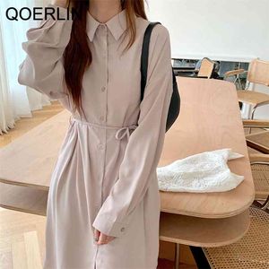 Koreanische Chic Zurück Plissee Kleid Schärpen Lose Beiläufige Lange Ärmeln Hemd Weibliche Drehen-unten Spitze-Up Maxi Frauen 210601