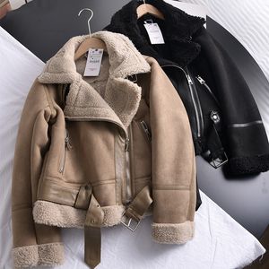 Designers inverno mulheres grossas camurça quente jaqueta de cordeiro curto motocicleta marrom casacos falso shearling pele de carneiro jaquetas outwear