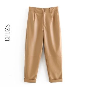 Vintage Khaki PU leather pants women loose trousers casual office high waist korean 210521