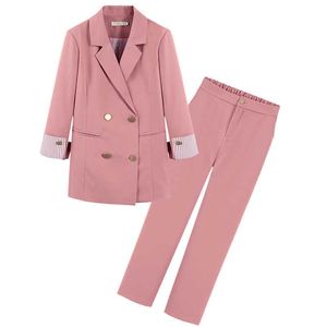 Plus storlek 5xl rosa kostym byxor passar högkvalitativ blazer feminin kvinnors jacka kontor kläder tvådelat set 210527