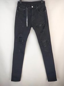 Jeans da uomo in pelle PU con toppa a costine skinny invecchiato nero