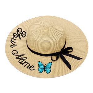 Kelebek Isimleri toptan satış-Nakış Kişiselleştirilmiş Özel Metin Adınız Kadınlar Güneş Şapka Büyük Brim Saman Dış Plaj Şapka Kelebek Kap Dropship