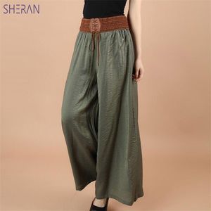 Sheran Algodão Linho Soft Largle Perna Mulheres Calças Elásticas Cintura Tornozelo Cor Sólida Verão Verão Solto Cresher 90cm Pantalon Femme 210925