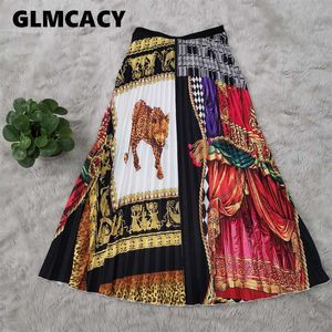 Women Vintage Printed High Waist Mid-calf Length Pleated Skirts Summer Fall Elegant Party Skirts Casual Daily Bottoms factory SH190902