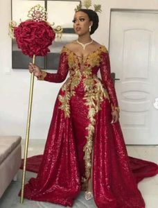 Red Sequins Dark Sparkly Mermaid Prom Party Dresses Long Sleeves Gold Lace Appliques Off Shoulder Front Split African Women Evening Ocn Gowns 2021