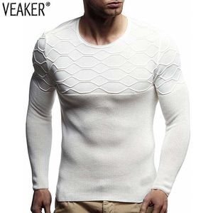 2020 Autumn New Men's Sexy Slim Fit Sweater Pullovers Male Casual O-Neck Long Sleeve Plaid Sweaters Solid Color Knitted Pullover Y0907