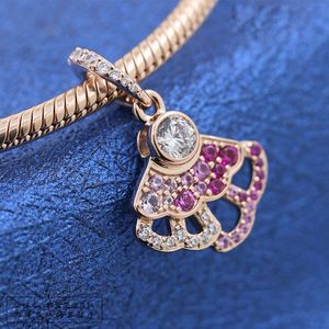Rose Gold Plated Metal Pink Fan Dangle Charm Bead Passar European Pandora Style Smycken Armband