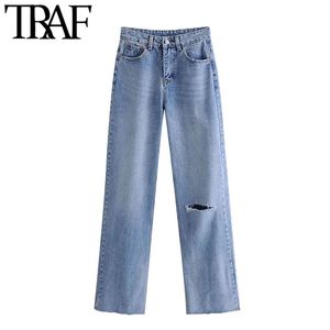 Women Chic Fashion Hollow Out Ripped Straight Denim Jeans Vintage High Waist Zipper Fly Female Trousers Mujer 210507