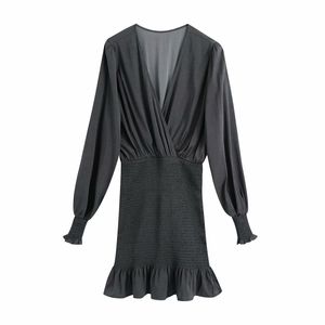 Elegancka Kobieta Szary V Neck Lampion Rękaw Syrenka Sukienka Wiosna Moda Damska Rozciągliwa Kobieta Sexy Wzburzyć 210515