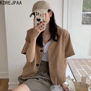 Korejpaa Women Blazers Summer Korean Chic French Simple V-Neck Two Buttons Loose Casual Solid Color Short-Sleeved Jackets 210526