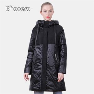 D`ocero Spring秋の女性のジャケット高品質女性のパーカーフード付きロングキルティング薄い綿の防風服210923