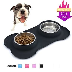 Superdesign New Steel Dog Bowl z No Spill Non-Skid Silikonowe Mata Podajnik Narzędzie Pet Supplie Ze Stali Nierdzewnej Cat Double Water Bowl Y200922