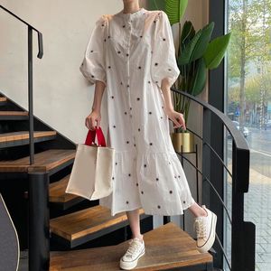 Women White Dot Ruffles Long Dress Stand Half Lantern Sleeve Loose Fit Casual Fashion Spring Summer 16F0693 210510