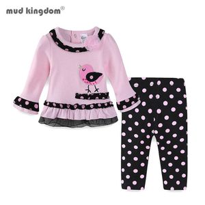 Mudkingdom Boutique Girls Outfits Långärmad Söt Djur Broderi Kläder Polka Dots Barnkläder Ställer 210615