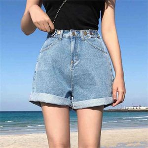 Vintage alta cintura azul perna larga fêmea shorts jeans feminino denim clássico clássico casual verão ladies jeans para as mulheres 210722