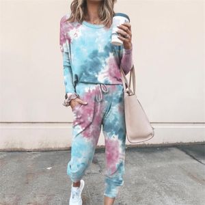 Autumn and Winter Casual two piece set Fashion Printed Women's Tops Long-Sleeved Elastic Waist Full Suit 210508