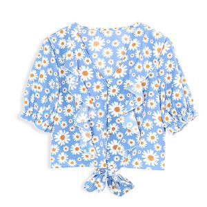 Sommer Crop Tops Sonnenblumendruck Rüschen Schärpen Bowtie V-Ausschnitt Knöpfe Vintage Stil Mädchen Shirts Blusas Mujer De Moda 210527