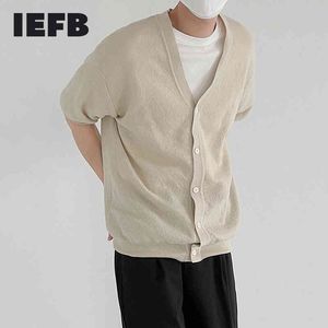 IEFB Short Sleeve Cardigan Coat Men's Summer Thin Sweater Slim Simple V-neck Solid Color Trend Korean Male Clothign 9Y7584 210524