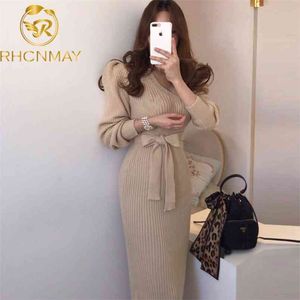 Women Sweater Knit Dress Winter Korean One-Piece Elegant Bag Hip Knitted Pullover Midi 210506