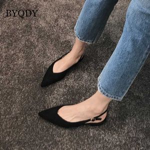 BYQDY 2021 Black Low Heels Women Pumps Buckle Flock Dress Casual Ladies Shoes Pointed Toe Slingbacks Spring Large 41 Court Shoes Y0611