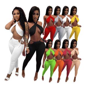 Mulheres Tracksuits Dois Peças Definir Designer Sportwear Slim Sexy Cor Sólida Halter Sem Mangas Top Casual Duas Peças Calças Terno Outfits