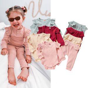 2ピース秋の赤ちゃん女の子男の子服セットソリッドカラーリブのフリル長袖ロンパース+幼児の女の子のための弾性ウエストパンツ