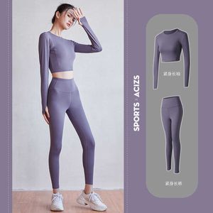 Sem costura yoga conjunto mulheres playsuit fitness leggings + manga comprida camisas cortadas esporte desgaste ativo 210526