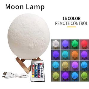 Moon Night Lamp 3D Print USB Uppladdningsbar 7 Färg Touch / 16 Färg Fjärrkontroll Kreativ Heminredning Ljus Gåvor för barn Y0910