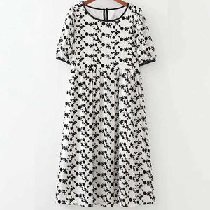 Svart prick flocking Utsmyckning Sommar Kortärmad Kvinnor Casual Midi Dress Keyhole Tillbaka Hög midja Chiffon 210604