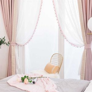 Cortina de quarto para crianças para menina quarto filha sala rosa cortina pompon véu tulle cortina 210712