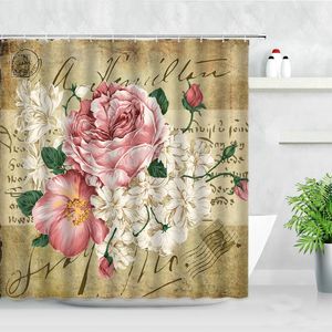 レトロな手描きの牡丹の花の防水シャワーカーテンセット白いピンクの花柄のポスター印刷浴室の装飾カーテン