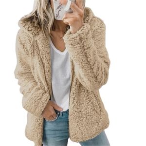 女性秋冬ジャケット女性のコート因果的な柔らかいフード付きフリース豪華な暖かいプラスサイズのファックスファーフリッピージッパートップ211122