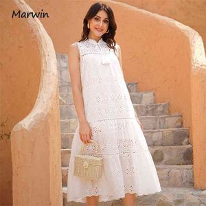 Marwin Uzun Basit Rahat Katı Saf Pamuk Tatil Tarzı Oymak Yüksek Bel Moda Orta Buzağı Yaz Elbiseler Vestidos 210623