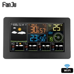 FanJu FJW4 Digital Alarm Wall Clock Weather Station wifi Indoor Outdoor Temperature Humidity Pressure Wind Weather Forecast LCD 210719