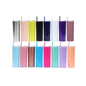 20oz skinny tumblers copos de copos de aço inoxidável com tampas e canetas vácuo xícara de chá caneca garrafa de água 16 cores wll