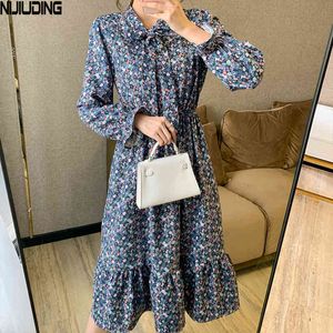 Women's Thick Floral Corduroy Dress Long Sleeve Mid-Length Autumn Winter Waist Slimming Bow Pleated Dresses Female Vestidos 210514